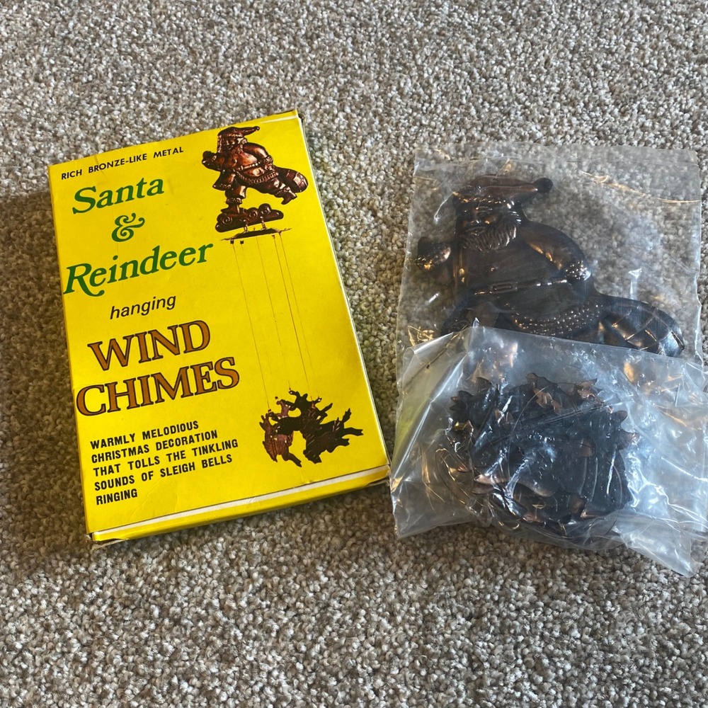 Vintage Santa and Reindeer‎ Hanging Wind Chimes Bronze Like Christmas Decor Box